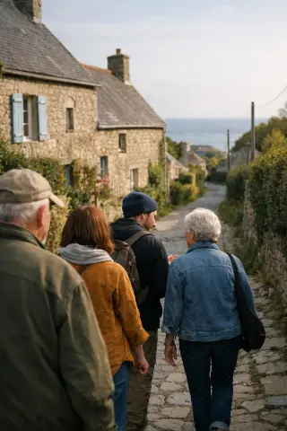 Group of friends strolling naturally down a rustic Normandy village street, late afternoon, surrounded by stone houses and greenery.