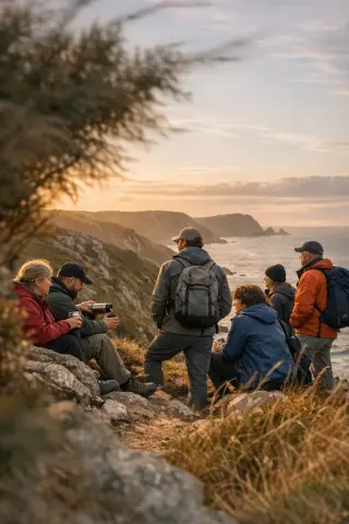 Hikers pausing on a cliffside trail in La Hague at sunset, softly lit, facing the sea, captured candidly with a natural, immersive atmosphere.