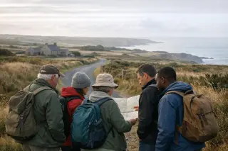 Hikers of different ages examine a map on a quiet rural road winding through the moorland of La Hague, with rugged natural scenery and soft morning light.