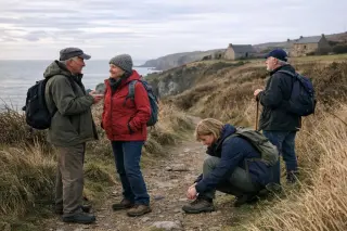 Locals of varying ages pausing on a windswept coastal path near stone farmhouses in the Hague, Cotentin, interacting naturally under soft morning light.