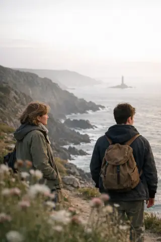 Group of hikers quietly admiring a sunset over cliffs in La Hague, bathed in soft golden light, caught in a natural, candid moment.