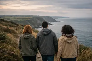 Three friends walking along a cliffside path in the Cotentin, overlooking wild coastline and bocage, in soft morning light