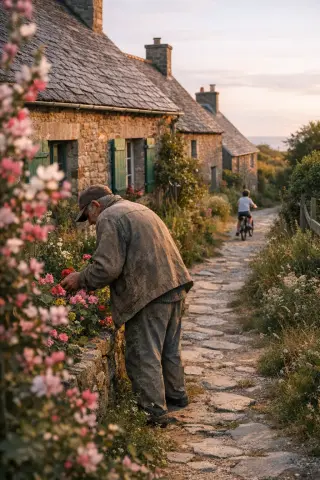 Elderly man tending to flowers on a quiet stone path in a historic Cotentin village, with warm sunlight and authentic cottages in the background.