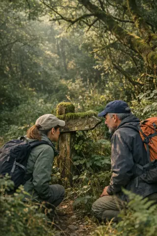 Two hikers discovering a moss-covered trail marker in a dense, wild forest near Branville-Hague, captured in soft, natural morning light.
