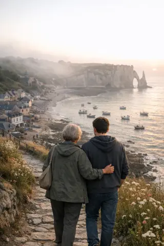 Two people of different ages walking along a stone path above a Norman coastal village at sunrise, overlooking the sea and old houses in soft light.