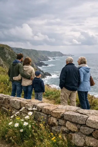Hikers of diverse ages pausing on a Normandy coastal path overlooking green cliffs and stone cottages, under soft sunlight.