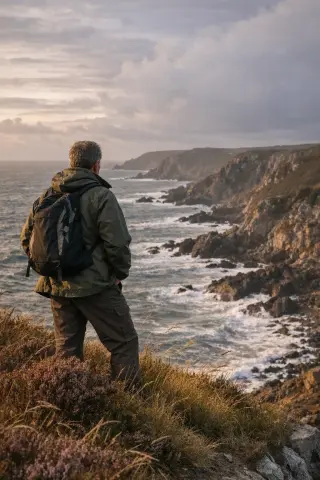 Middle-aged hiker pauses on a grassy cliff at La Hague, overlooking rugged coastline and wild heathland, captured in natural light with a moody sky.