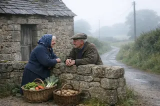 Normandy village scene with an elderly couple chatting by a stone cottage on a foggy morning, baskets of vegetables nearby