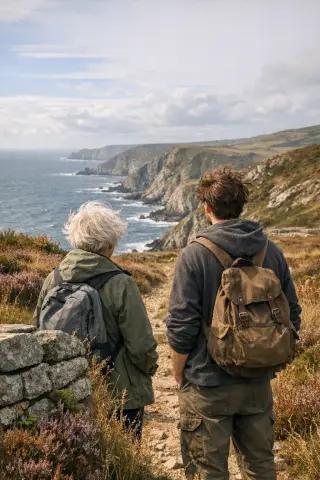 Two hikers, an elderly woman and young man, pause on a coastal path overlooking a wild Cotentin landscape with heather, stone walls, and the sea under soft light.