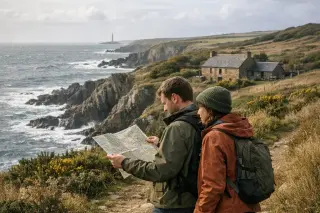 A couple pauses on a windswept path in La Hague, Normandy, overlooking cliffs and the sea, with a stone farmhouse and lighthouse in the background.