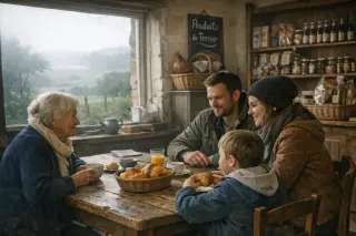 Locals of mixed ages enjoy pastries and conversation in a Normandy bakery, with morning light and village decor creating an authentic, inviting mood.
