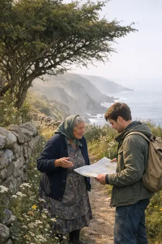 Two people, a local woman and a younger man, stand on a misty coastal path in La Hague, Normandy, conversing beneath windswept trees by the cliffs.
