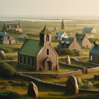 Église en pierres au clocher-mur sobre dans un paysage rural normand, entourée de maisons en granit, lande verte, menhirs, et vue lointaine sur la mer sous lumière douce.