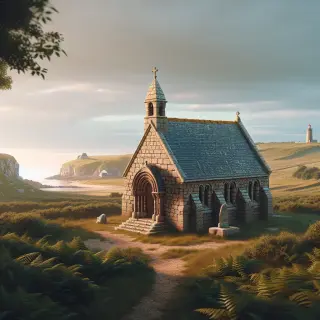 Église romane en pierre dans la campagne du Cotentin, chapelle isolée sur la lande et phare en arrière-plan sous ciel nuageux