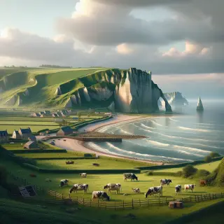 Green meadows with cows, high sea cliffs, a small sandy beach, and a traditional port in rural Normandy, under cloudy sky.