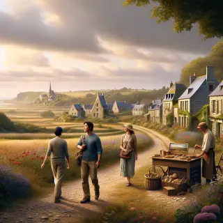 Group of tourists walking on a rural path in the Cotentin, surrounded by green hills, wildflowers, stone manors and eco-lodges, under a soft cloudy sky, evoking a peaceful, nature-focused travel experience.