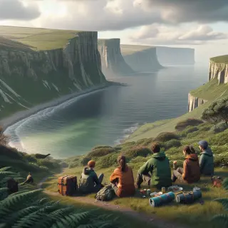 Groupe de randonneurs en pause sur un sentier côtier, vue sur les falaises, la lande verdoyante et la mer sous un ciel nuageux