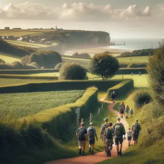 groupe de randonneurs marchant sur un sentier dans la campagne normande avec vue sur des bocages et la mer au loin