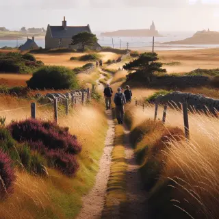 Groupe de randonneurs marchant sur un sentier entre lande et mer, muret de pierre et maisons traditionnelles en arrière-plan, ciel légèrement nuageux, ambiance paisible.