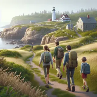 Groupe de randonneurs sur un sentier côtier, falaises, mer, maisons en pierre, vergers, phare au loin sous un ciel nuageux.