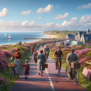 Groupe de randonneurs sur un sentier côtier fleuri de la Hague, deux cyclistes sur une route voisine, mer calme en arrière-plan, marché local près des dunes sous une lumière naturelle de printemps