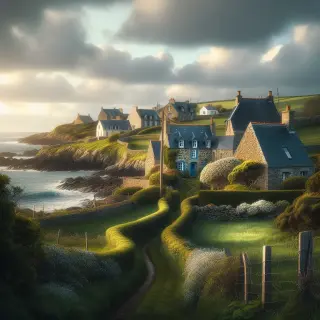 Hameau traditionnel de la Hague entouré de bocages et surmonté par des falaises dominant la mer, sous une lumière douce et nuageuse.