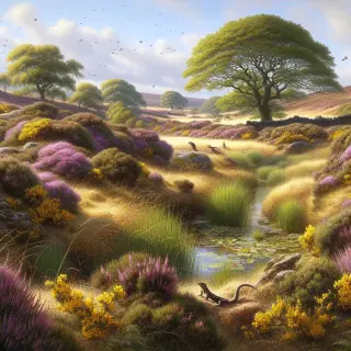 Heathland with heather, gorse, and wild orchids, a stone wall with a lizard, stream with an otter, oaks and beeches in the background, and insects and birds in a peaceful, natural setting.