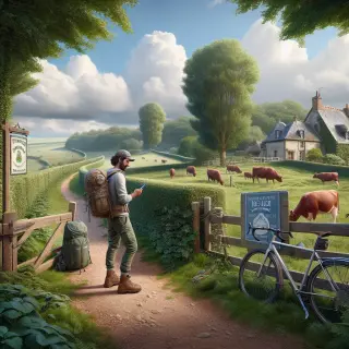 Hikers in functional outdoor clothes prepare for a countryside walk in Normandy, with rolling meadows, grazing cows, a bicycle by a fence, and a farmhouse sign for cider in the background.
