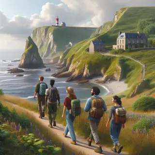 Hikers on a coastal path in La Hague, Normandy, with cliffs, sea, greenery, and a lighthouse in the background under a cloudy sky.