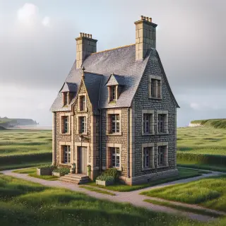 Historic stone manor with grey slate roof in green countryside, cliffs and sea in the distance, overcast sky, peaceful atmosphere.