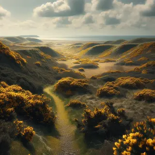 Lande couverte de fleurs jaunes d'ajoncs sous un ciel printanier avec la mer en arrière-plan et un sentier étroit traversant le paysage.