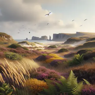 Lande de bruyères et d’ajoncs avec dunes, falaises, oiseaux marins et flore variée sous une lumière naturelle en Normandie