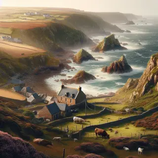 Le littoral rocheux de la Hague, falaises fleuries de bruyères, petites maisons en pierre près d’un bocage, vaches et chevaux paissant sous une lumière naturelle, mer agitée en arrière-plan.