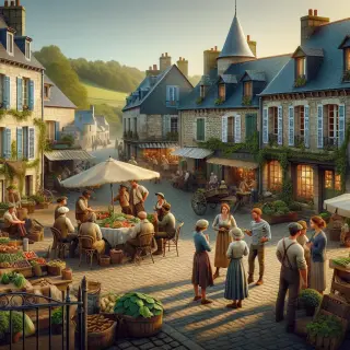Local market in a Normandy village square, with farm produce stalls, people talking near a traditional café, and stone houses under daylight.