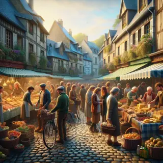 Locals and visitors interact at an outdoor market in La Hague with stalls selling regional cheeses, cider, and fresh produce; a couple of bicycles are parked nearby, and traditional stone houses form the backdrop.