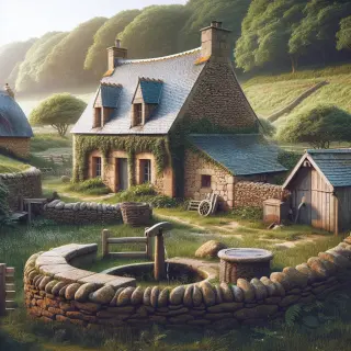 Maison rurale en grès avec toit d’ardoise, muret de pierres sèches, lavoir en pierre, et four à pain dans un paysage verdoyant du Cotentin sous une lumière douce.