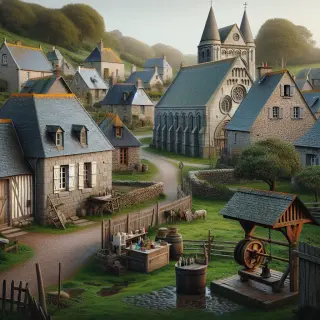 Maisons en granit et toits en ardoise typiques de la Hague, un ancien pressoir et un lavoir en pierre au premier plan, église au clocher massif en arrière-plan, ferme et kiosque de produits locaux, ambiance rurale paisible.