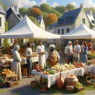 Marché artisanal animé dans un village de la Hague, avec stands de produits locaux, habitants et artisans, sous une lumière d’automne chaleureuse.
