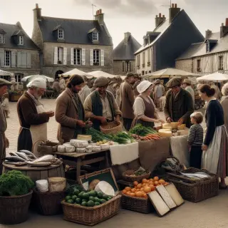 Marché de village en plein air avec étals de légumes, fromages et poissons, producteurs et habitants échangeant sous la lumière douce du matin, ambiance conviviale dans un décor rural.