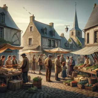 Marché rural animé sur la place d’un village normand avec stands de produits locaux, habitants et arrière-plan en pierre typique de La Hague