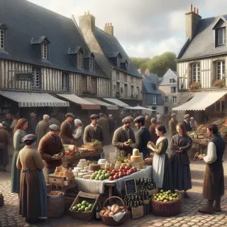 Marché rural normand sur une place pavée avec étals de produits locaux, habitants en discussion et maisons de pierre en arrière-plan sous un ciel nuageux.
