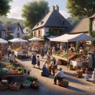 Marché traditionnel animé avec des stands de producteurs locaux, musiciens folkloriques et une conteuse sur une place de village en été