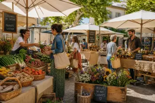 Marché alimentaire en plein air, stands de fruits et légumes frais, personnes avec des sacs réutilisables dans une ambiance conviviale sous la lumière du matin.