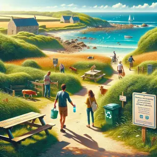 Marked walking path through coastal countryside of La Hague, with people walking, a picnic area, a cyclist, grazing cows, and distant stone farm buildings under a sunny sky