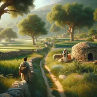 Narrow rural path in the countryside, bordered by dry-stone walls and a stone bread oven, with two people chatting and one person pausing to observe, under soft daylight.