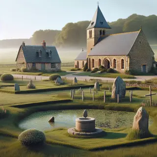 Norman countryside with a simple stone church, manor house, green fields with standing stones, dolmen, an old well, washhouse by a pond, and a granite cross under soft morning light