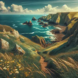 Normandy coastal cliffs with wild grass, view of the sea, distant lighthouse, and a hiking path under a bright sky.