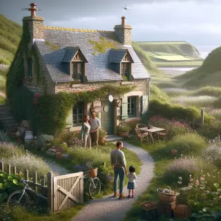 Normandy countryside guesthouse with a family outside, hiking gear nearby, surrounded by greenery and gentle hills, peaceful atmosphere.