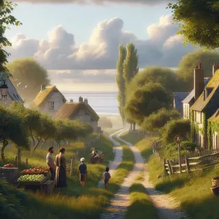 Normandy countryside path with villagers, stone cottages, apple trees, and local artisan stall under soft autumn daylight.