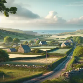 Normandy countryside with stone cottages, hedgerows, granite walls, and distant coastal cliffs under soft spring light